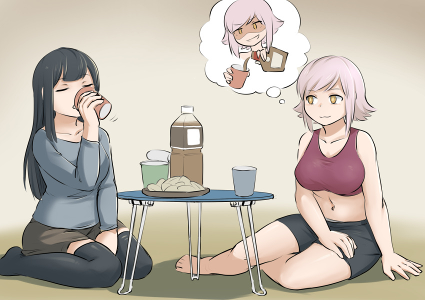 black_hair breasts c-3matome clothed clothing drinking duo female food hair human human_only mammal midriff navel not_furry pink_hair table yellow_eyes