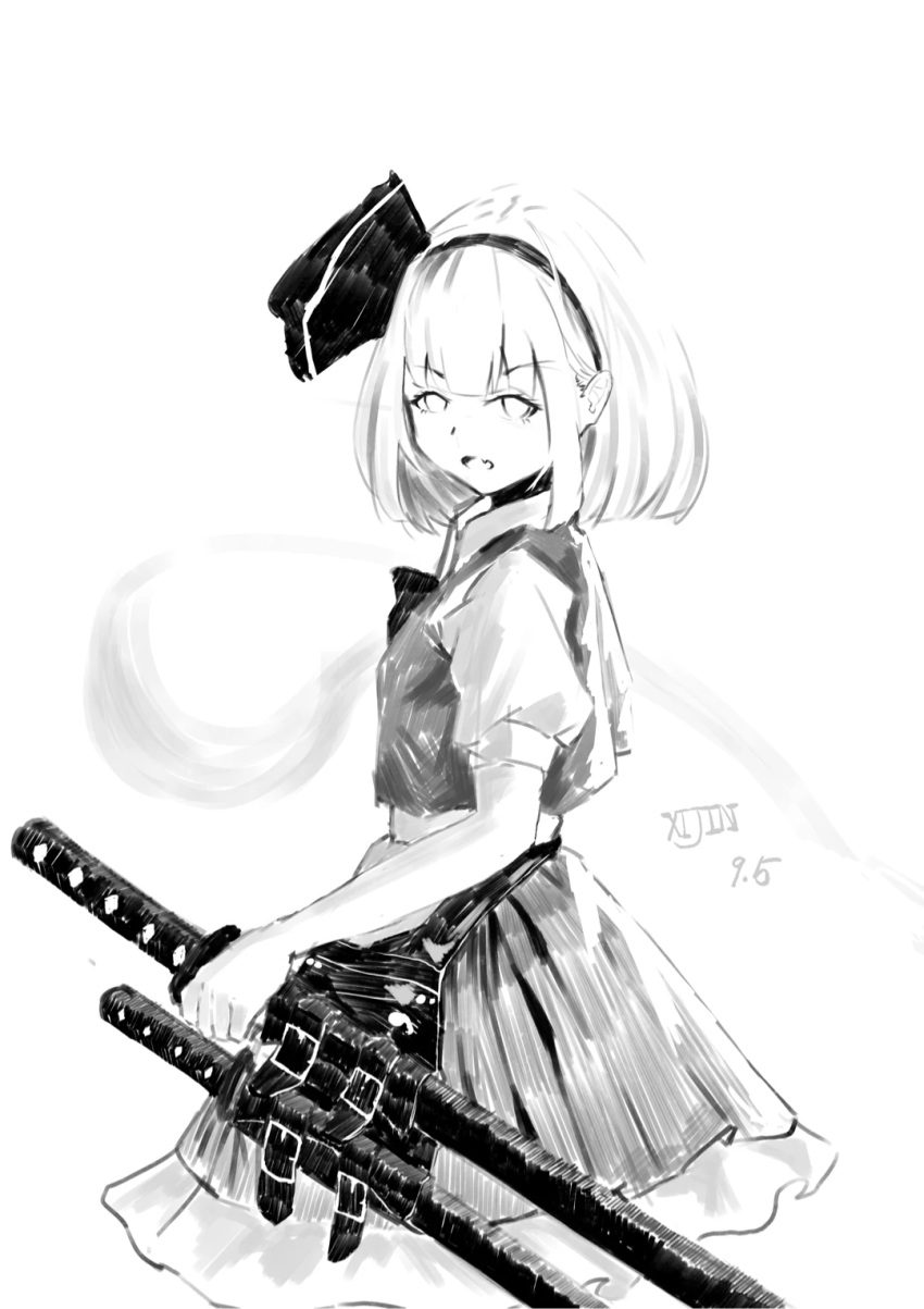 1girl artist_name chinese_commentary collared_shirt commentary_request frilled_skirt frills greyscale highres hitodama katana konpaku_youmu konpaku_youmu_(ghost) looking_at_viewer medium_hair monochrome multiple_swords open_mouth puffy_short_sleeves puffy_sleeves sheath sheathed shirt short_sleeves skirt solo sword touhou vest weapon xiaoxijino