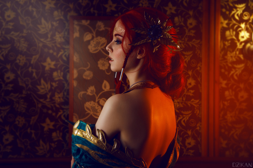 1girl back circlet cosplay costume dress freckles helly_von_valentine_(disharmonica) indoors jewelry looking_afar makeup necklace no_bra off_shoulder parted_lips photo red_hair robe side_braids solo the_witcher triss_merigold undressing upper_body