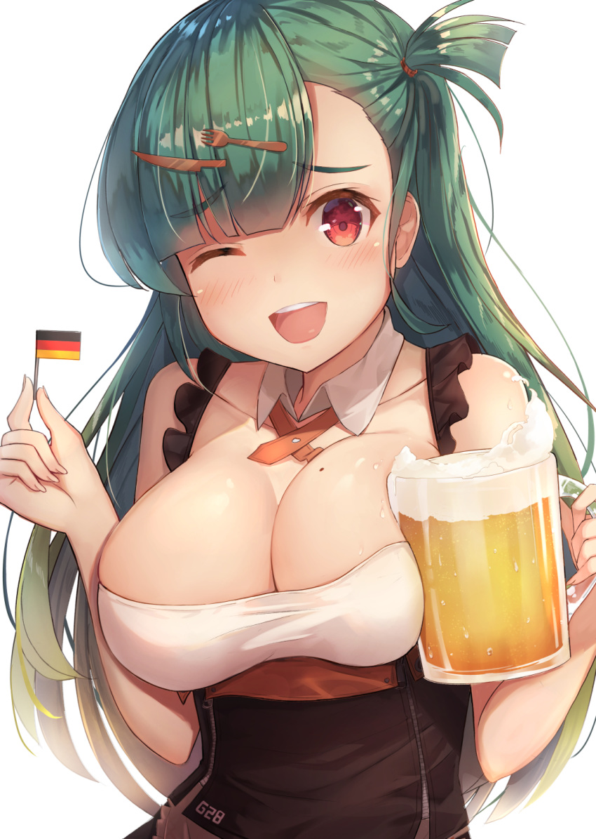 ;d asymmetrical_hair beer_mug breasts cleavage commentary detached_collar eyebrows_visible_through_hair g28_(girls_frontline) german_clothes german_flag germany girls_frontline green_hair hair_ornament hairclip highres large_breasts long_hair looking_at_viewer mini_flag mole mole_on_breast motokonut one_eye_closed one_side_up open_mouth red_eyes simple_background smile solo upper_body white_background