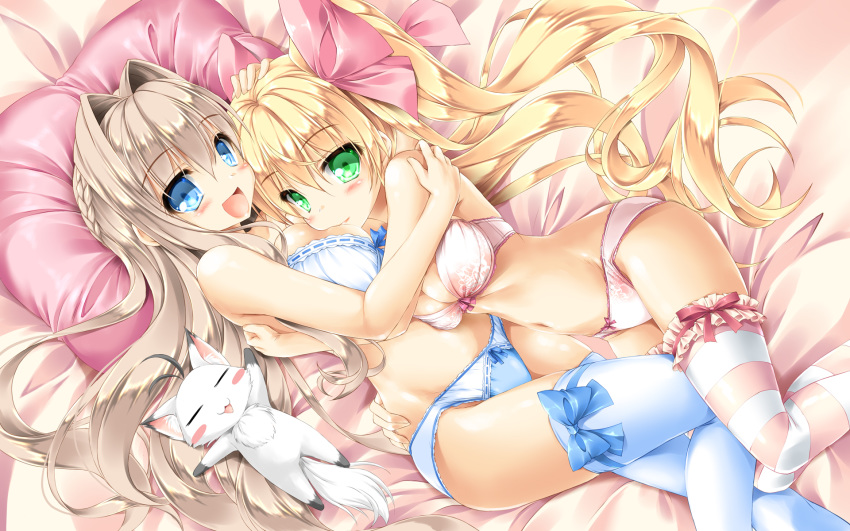 :d animal antenna_hair bangs bare_arms bare_shoulders bed blonde_hair blue_bow blue_bra blue_eyes blue_legwear blue_panties blush bow bow_bra bow_panties bra braid breasts cat closed_eyes commentary_request eyebrows_visible_through_hair green_eyes hair_between_eyes hair_bow hair_intakes highres hug kamiya_tomoe large_breasts light_brown_hair long_hair lying multiple_girls navel on_back on_side open_mouth original panties pillow pink_bow pink_bra pink_panties red_bow ribbon-trimmed_bra ribbon-trimmed_panties ribbon_trim smile striped striped_legwear thighhighs twintails underwear underwear_only very_long_hair