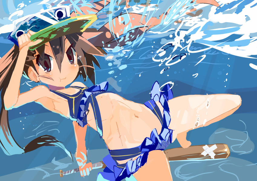 blue_hat blush brown_eyes brown_hair commentary_request disgaea flat_chest hand_on_headwear hat highres holding_baseball_bat holding_breath kazamatsuri_fuuka long_hair looking_at_viewer makai_senki_disgaea_4 miyakawa106 navel solo swimsuit twintails underwater very_long_hair