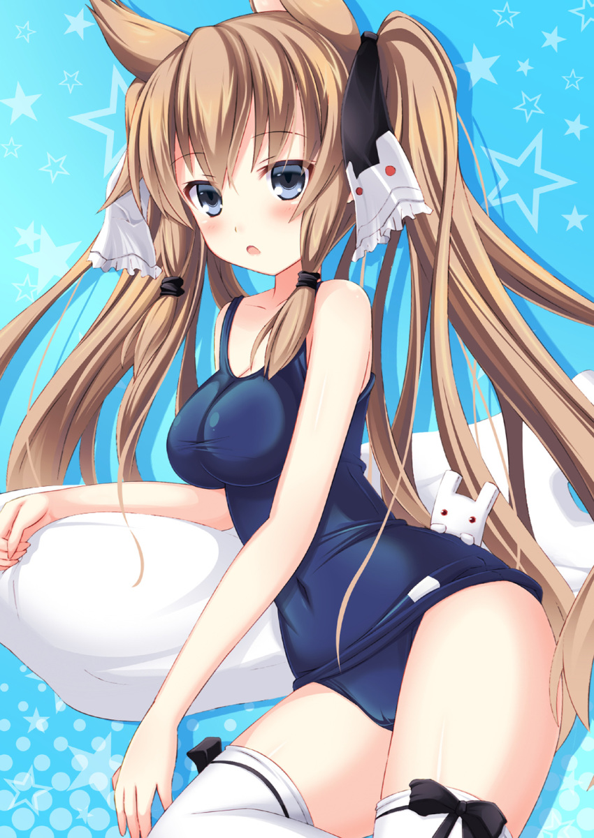 :o animal_ears bangs bare_arms bare_shoulders black_bow blue_background blue_eyes blue_swimsuit bow collarbone commentary_request eyebrows_visible_through_hair hair_between_eyes hair_ribbon highres light_brown_hair long_hair old_school_swimsuit one-piece_swimsuit original parted_lips ribbon school_swimsuit solo star starry_background swimsuit thighhighs twintails usaginezumi very_long_hair white_legwear white_ribbon