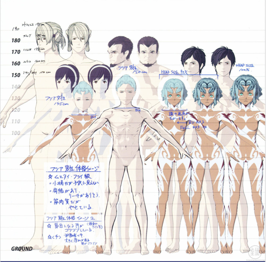 alien antennae bangs bilusaludo blonde_hair blue_hair bodypaint breasts concept_art dark_skin exif facial_hair godzilla:_city_on_the_edge_of_battle godzilla_(series) green_eyes haruo_sakaki houtua maina metphies miana monster_girl multiple_boys multiple_girls nude official_art polygon_pictures pubic_tattoo size_chart small_breasts tattoo text_focus toho_(film_company) translation_request tribal tribal_tattoo yuko_tani