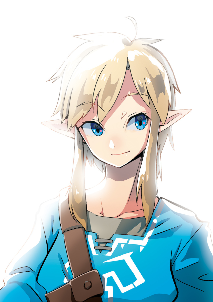 ahoge bangs blonde_hair blue_eyes eyebrows_visible_through_hair highres link male_focus pointy_ears sidelocks simple_background smile solo sumomo the_legend_of_zelda the_legend_of_zelda:_breath_of_the_wild upper_body white_background