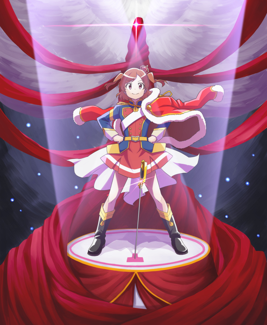 boots brown_hair coat commentary_request crown highres jacket_on_shoulders lourie mini_crown possibility_of_puberty_(sword) red_eyes short_twintails shoujo_kageki_revue_starlight skirt sword twintails weapon