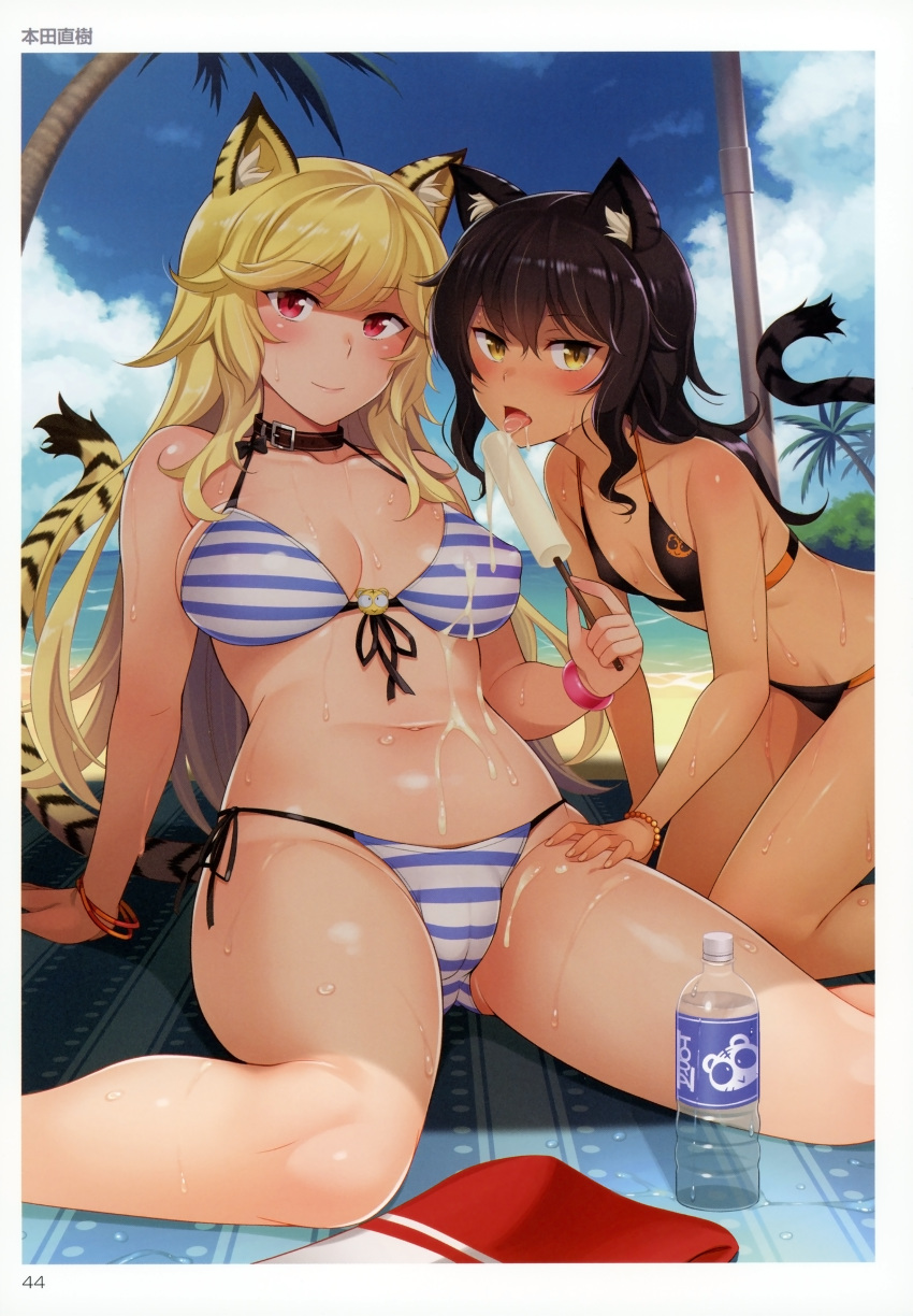 absurdres animal_ears animal_print artist_name beach bikini black_bikini black_hair blanket blonde_hair blue_stripes blush bottle bracelet breasts cameltoe cleavage cloud collar collarbone covered_nipples day dripping fang food front-tie_top hand_on_another's_thigh highres honda_naoki huge_filesize jewelry kneeling large_breasts licking long_hair looking_at_viewer melting multiple_girls navel open_mouth page_number palm_tree pole popsicle print_bikini red_eyes scan shade side-tie_bikini sidelocks sitting sky small_breasts smile striped striped_bikini sweat swimsuit tail tiger_ears tiger_print tiger_tail tongue tongue_out toranoana tree very_long_hair water water_bottle wavy_hair yellow_eyes