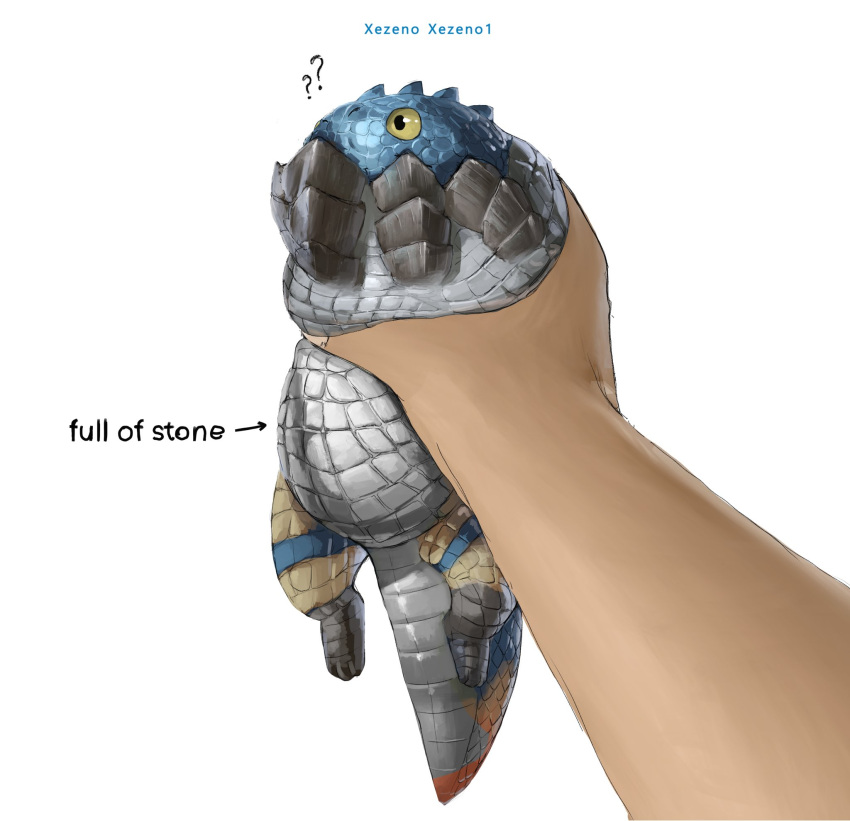 ? ?? alternate_size animal animal_focus artist_name closed_mouth commentary creature dodogama english_commentary english_text highres holding holding_animal holding_creature lizard monster_hunter:_world monster_hunter_(series) out_of_frame pov pov_hands scales tail white_background xezeno yellow_eyes