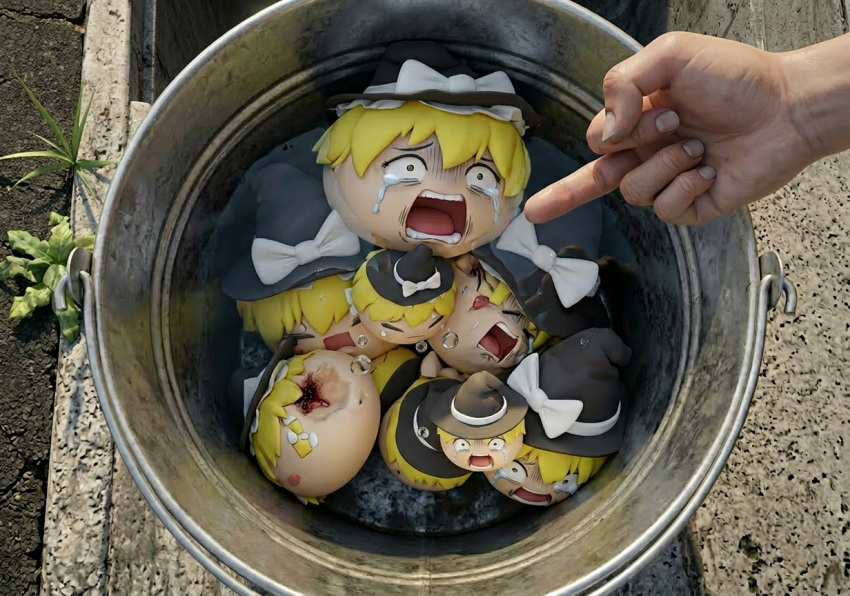 ai-generated blonde_hair bow bucket crying crying_with_eyes_open hat hat_bow kirisame_marisa middle_finger non-web_source open_mouth realistic tears teeth touhou white_bow yukkuri_abuse