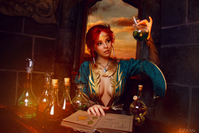 1girl book breasts circlet cleavage cloud cosplay costume dress flask freckles helly_von_valentine_(disharmonica) indoors jewelry long_hair makeup medium_breasts necklace no_bra parted_lips pendant photo red_hair robe side_braids sitting sky solo table the_witcher triss_merigold upper_body window