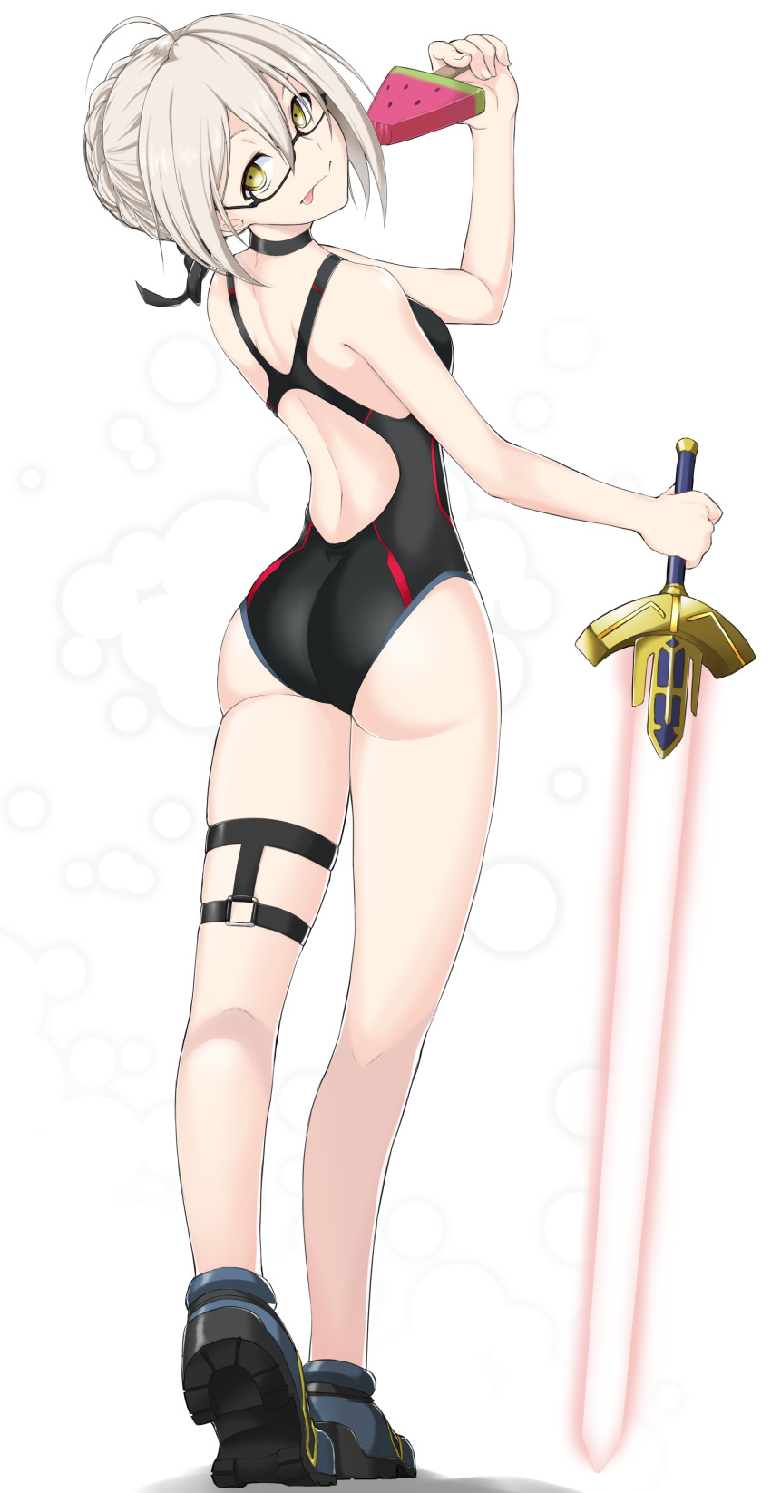 absurdres ahoge arched_back artoria_pendragon_(all) ass back_cutout black-framed_eyewear black_swimsuit braid choker commentary_request competition_swimsuit excalibur fate/grand_order fate_(series) food from_behind full_body glasses grey_hair hair_bun highres holding holding_sword holding_weapon kamitsuki_jack licking_lips looking_back mysterious_heroine_x_(alter) one-piece_swimsuit popsicle semi-rimless_eyewear shoes short_hair simple_background solo swimsuit sword thigh_strap tongue tongue_out under-rim_eyewear watermelon_bar weapon white_background yellow_eyes