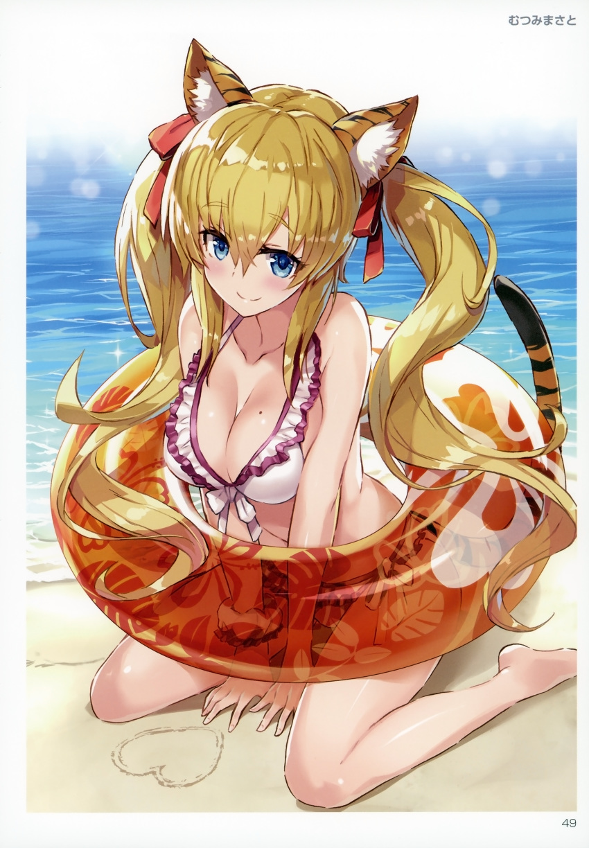 absurdres animal_ears artist_name bangs bare_legs bare_shoulders barefoot beach bikini blonde_hair blue_eyes blush bow breasts cleavage closed_mouth collarbone day eyebrows_visible_through_hair floral_print front-tie_bikini front-tie_top hair_bow heart highres innertube large_breasts long_hair looking_at_viewer mole mole_on_breast mutsumi_masato outdoors sand scan see-through shiny shiny_hair shiny_skin shore side-tie_bikini sitting smile solo swimsuit tail tiger_ears tiger_tail toranoana twintails wariza water