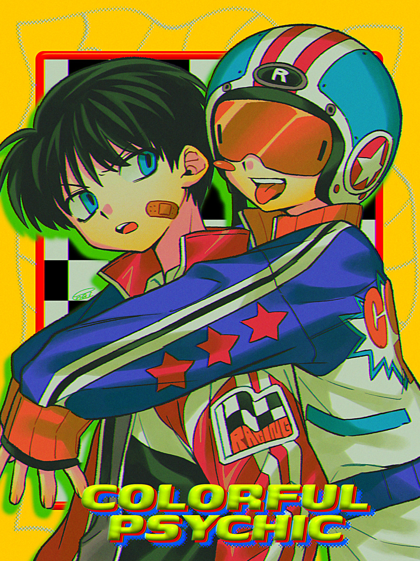 2boys absurdres bandaid bandaid_on_cheek bandaid_on_face black_hair blue_eyes blush_stickers commentary_request helmet highres looking_at_another looking_at_viewer male_focus menma_(enaic31) multiple_boys open_mouth original short_hair single_blush_sticker sleeves_past_wrists teeth tongue tongue_out upper_teeth_only