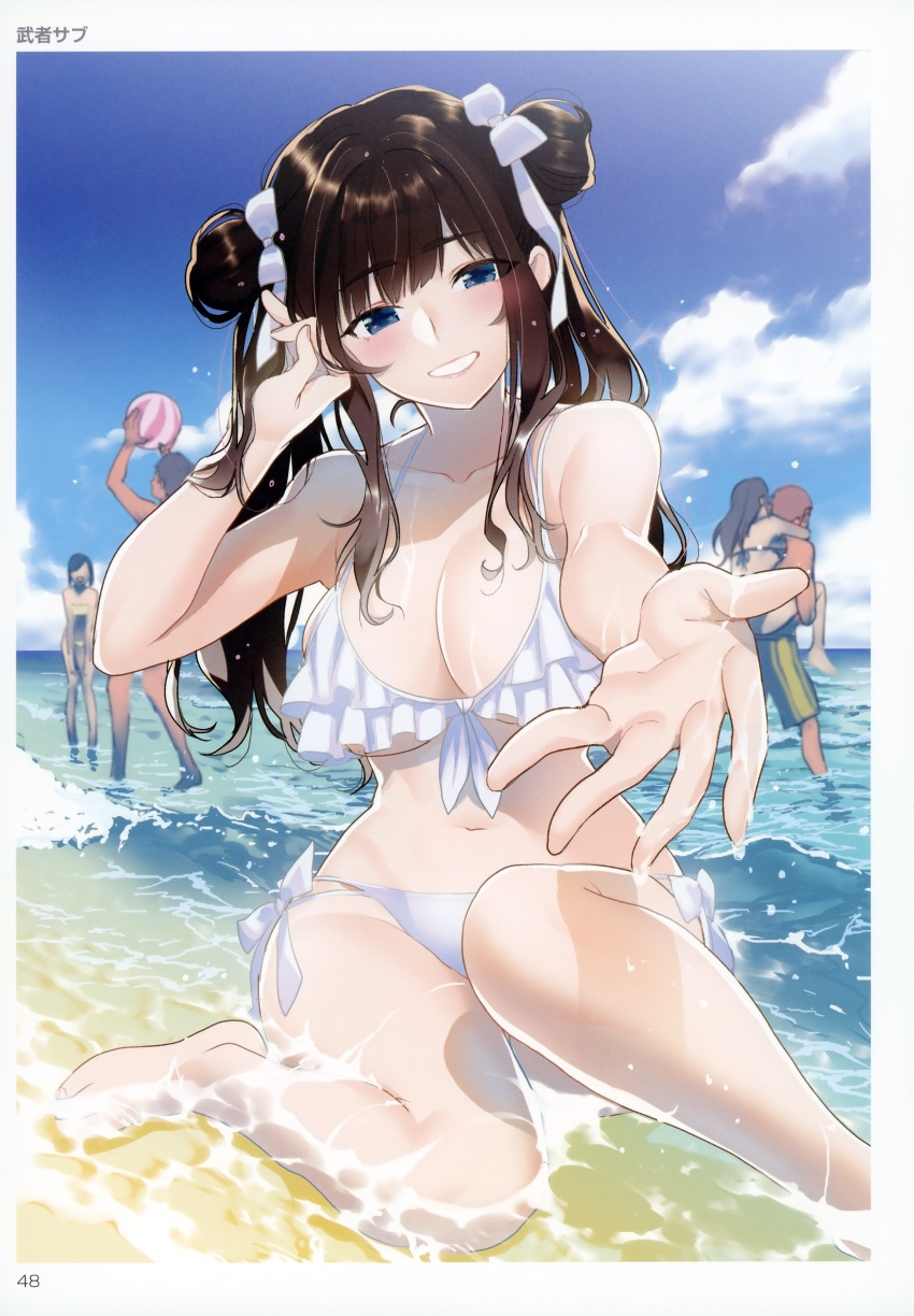 3girls absurdres artist_name ball bangs beachball bikini blue_eyes blue_sky bow breasts brown_hair carrying cleavage cloud cloudy_sky collarbone day double_bun eyebrows_visible_through_hair faceless faceless_female faceless_male front-tie_bikini front-tie_top hair_bow highres holding large_breasts lips long_hair looking_at_viewer multiple_boys multiple_girls musha_sabu navel outdoors outstretched_hand parted_lips piggyback shiny shiny_hair shore side-tie_bikini sky smile swimsuit toranoana twintails water water_drop wet white_bikini