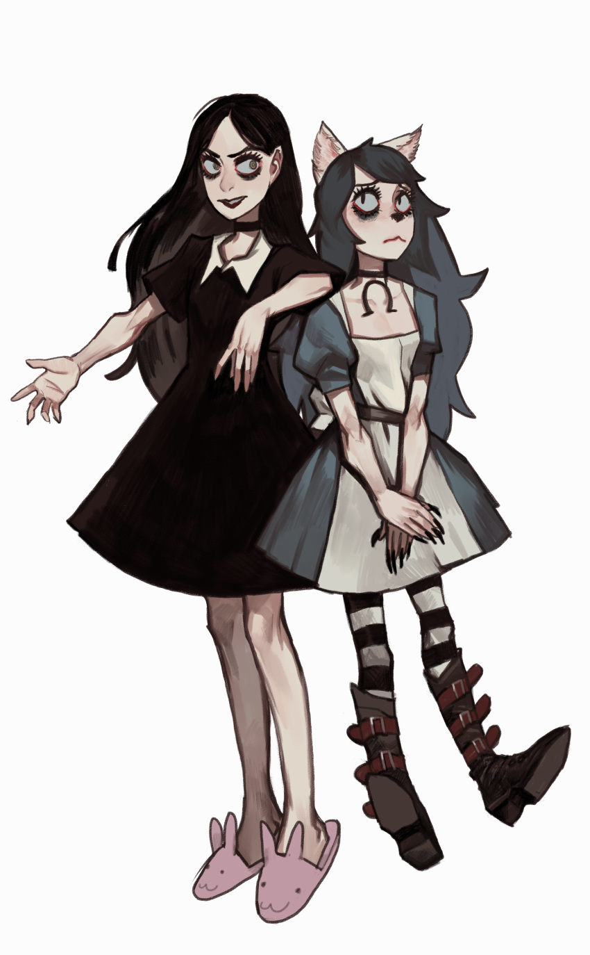 2018 5_fingers alice:_madness_returns alice_in_wonderland alice_liddell american_mcgee's_alice anthro black_hair blue_hair boots cat claire_(the_summoning) clothing crossover digital_media_(artwork) dress duo eyeshadow feline female footwear hair hi_res human long_hair makeup mammal mossa pose simple_background slippers standing the_summoning white_background