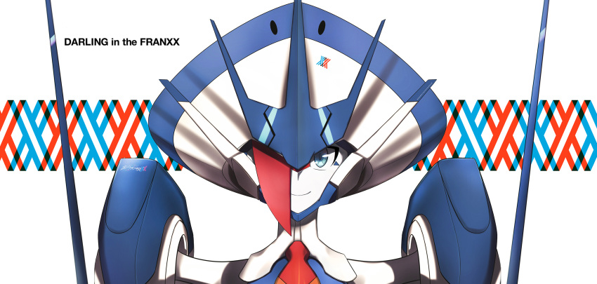 absurdres blue_eyes closed_mouth copyright_name darling_in_the_franxx delphinium_(darling_in_the_franxx) highres looking_at_viewer mecha murasaki_saki one_eye_covered smile solo upper_body white_background