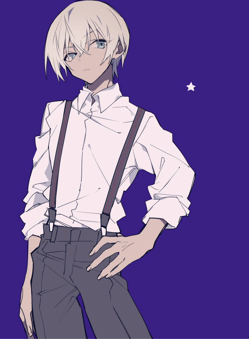 amuro_tooru bangs character_check closed_mouth collared_shirt contrapposto cowboy_shot crossed_bangs eyebrows_visible_through_hair fingernails grey_eyes grey_hair grey_pants hand_on_hip highres long_sleeves looking_at_viewer male_focus meitantei_conan mochizuki_kei pants purple_background shirt solo standing suspenders white_shirt wing_collar