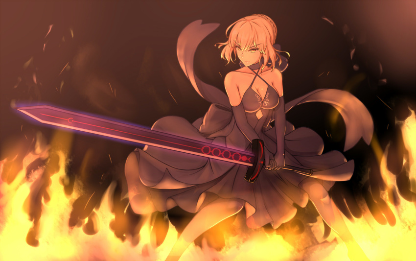 artoria_pendragon_(all) bare_shoulders blonde_hair braid breasts cleavage dark_excalibur dylannn elbow_gloves eyebrows_visible_through_hair fate/grand_order fate_(series) fire french_braid gloves hair_between_eyes highres medium_breasts saber_alter solo yellow_eyes