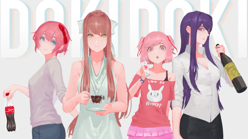 :o alcohol bare_arms bare_shoulders black_bra black_skirt blue_eyes blush bottle bow bra bra_strap breasts brown_hair cleavage closed_mouth clothes_writing coca-cola collared_shirt commentary cup doki_doki_literature_club dress dress_shirt english_commentary ex-trident green_eyes grey_shirt hair_bow hair_intakes hair_ribbon highres holding juice_box large_breasts long_hair long_sleeves looking_at_viewer monika_(doki_doki_literature_club) multiple_girls natsuki_(doki_doki_literature_club) pants pencil_skirt pink_eyes pink_hair pink_skirt popped_collar purple_eyes purple_hair red_bow red_ribbon red_shirt ribbon sayori_(doki_doki_literature_club) shirt short_sleeves skirt sleeves_rolled_up smile standing tea teacup tray two_side_up underwear very_long_hair white_dress white_ribbon wine wing_collar yuri_(doki_doki_literature_club)