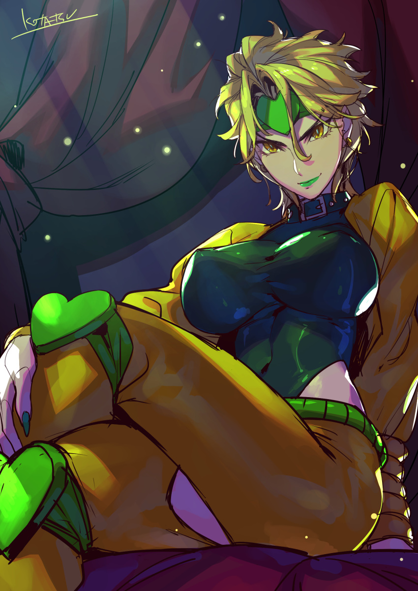 blonde_hair breasts bright_pupils closed_mouth commentary_request covered_navel covered_nipples crossed_legs curtains dio_brando earrings fingernails genderswap genderswap_(mtf) green_lipstick green_nails green_shirt headband heart highres jacket jewelry jojo_no_kimyou_na_bouken kotatsu_(g-rough) large_breasts light_particles light_rays lipstick long_fingernails looking_at_viewer makeup nail_polish pants shirt short_hair signature slit_pupils smile solo stardust_crusaders yellow_eyes yellow_jacket yellow_pants
