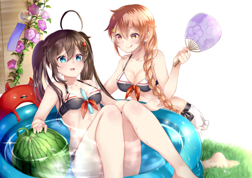 :q adapted_costume ahoge alternate_hairstyle barefoot between_breasts bikini bikini_skirt black_ribbon blue_eyes blush braid breasts brown_eyes brown_hair closed_mouth collarbone commentary_request embarrassed enemy_lifebuoy_(kantai_collection) fan flower food fruit gradient_hair grass hair_between_eyes hair_flaps hair_ornament hair_over_shoulder hair_ribbon hairclip hairstyle_switch heterochromia holding holding_fan kantai_collection light_brown_hair long_hair looking_at_another mashiro_aa medium_breasts multicolored_hair multiple_girls murasame_(kantai_collection) open_mouth paper_fan plant red_eyes remodel_(kantai_collection) ribbon shigure_(kantai_collection) single_braid sitting skindentation smile sparkle summer swimsuit thighs tongue tongue_out twintails two_side_up uchiwa vines wading_pool water watermelon wet wind_chime