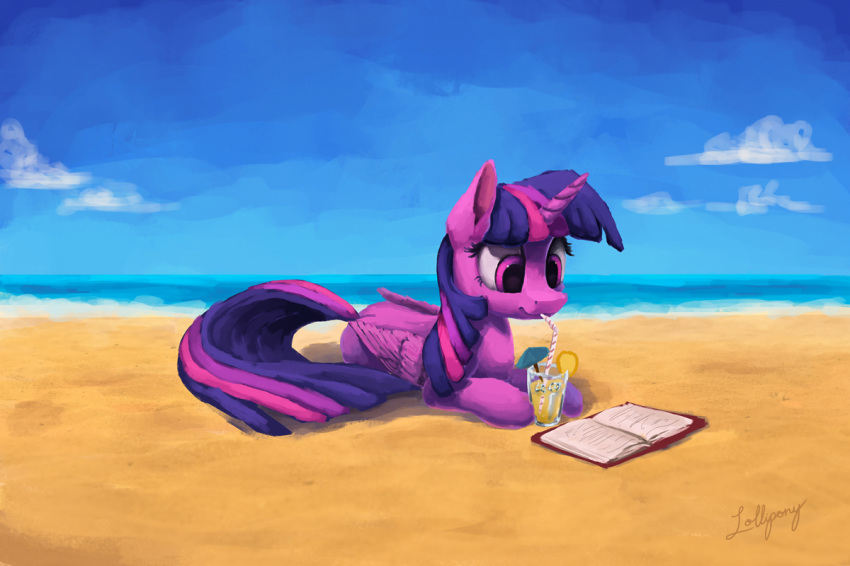 2018 adorkable beach beverage book cloud cup cute drinking equine eyelashes feathered_wings feathers female feral friendship_is_magic glass hair hooves horn lolliponybrony lying mammal multicolored_hair my_little_pony nude on_front outside portrait purple_eyes purple_feathers reading sea seaside shadow signature sky solo straw twilight_sparkle_(mlp) water winged_unicorn wings