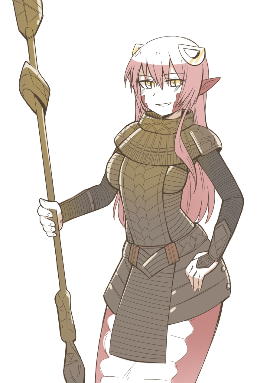 armor blush catmouth commission crossover hand_on_hip highres holding holding_staff lamia long_hair looking_at_viewer miia_(monster_musume) monster_girl monster_musume_no_iru_nichijou pink_hair pointy_ears scales slit_pupils smile solo staff stargate_sg-1 yellow_eyes
