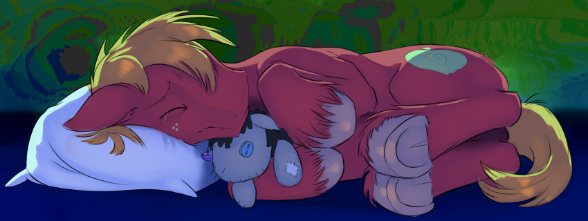 2014 big_macintosh_(mlp) crying cutie_mark earth_pony equine eyes_closed feral fetlocks freckles friendship_is_magic fur gsphere horse lying male mammal my_little_pony nude on_side pillow plushie pony red_fur sad sleeping smartypants_(mlp) solo stitches tears underhoof