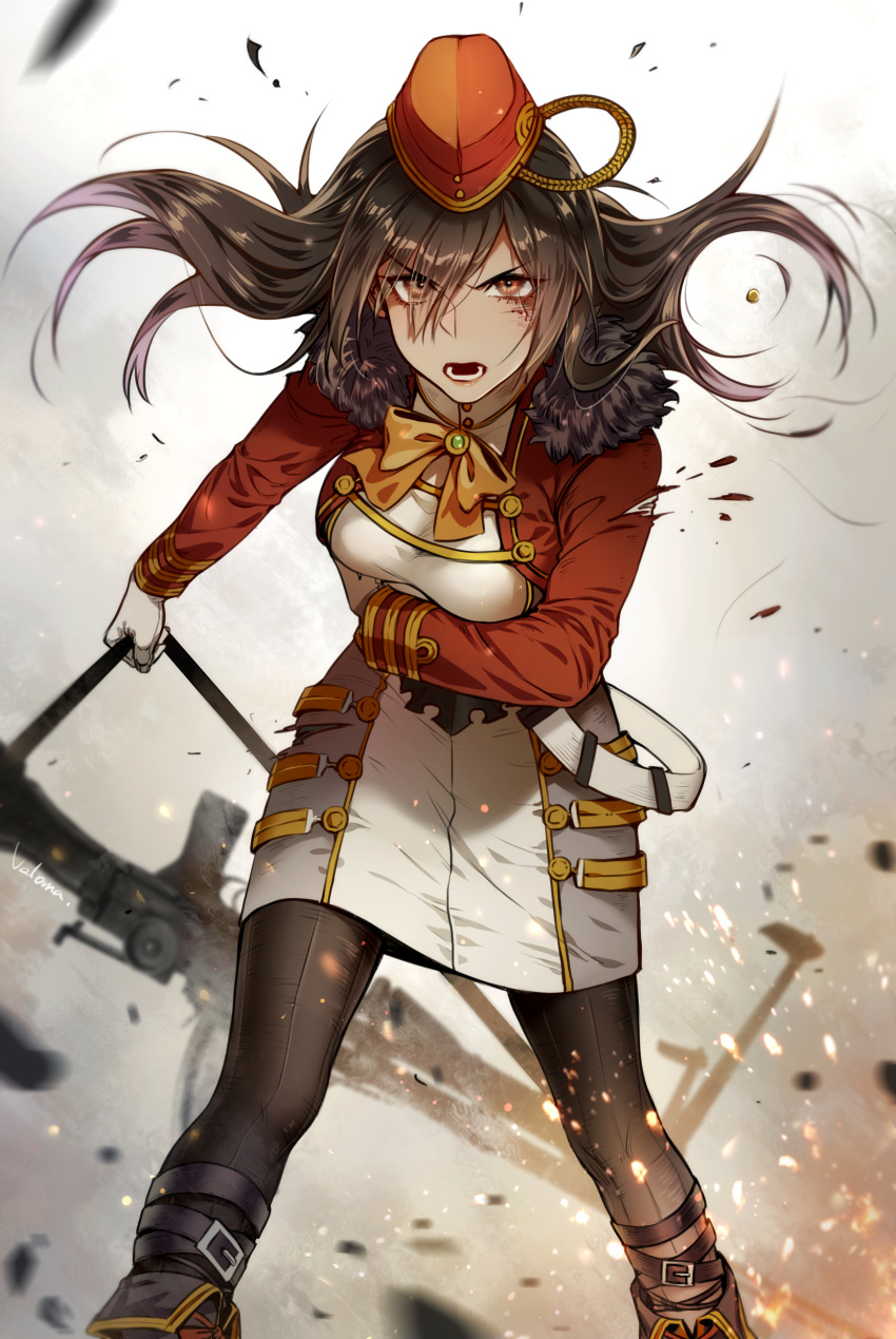 absurdres aiguillette angry arm_under_breasts battle bipod black_hair boots bow breasts bren_(girls_frontline) bren_lmg brown_eyes buckle bullet cang_fade carrying dress fur_trim girls_frontline gloves gun hat highres large_breasts light_machine_gun long_hair military military_uniform open_mouth orange_bow pantyhose sidelocks sling solo strap torn_clothes traditional_media uniform watercolor_(medium) weapon white_gloves