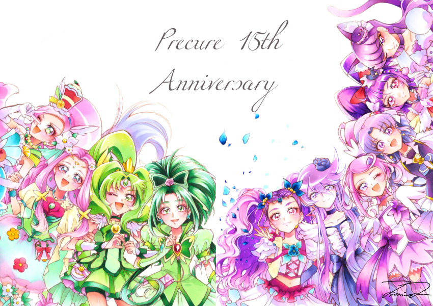 ;d akimoto_komachi animal_ears anniversary bangs black_hat bow brooch butterfly_hair_ornament cat_ears cat_tail choker circlet color_connection cowboy_shot cure_felice cure_fortune cure_macaron cure_magical cure_march cure_mint cure_moonlight cure_parfait cure_sword dokidoki!_precure elbow_gloves extra_ears flower food_themed_hair_ornament frills gloves green_eyes green_hair green_neckwear green_skirt hair_bow hair_color_connection hair_flower hair_ornament hairband hanami_kotoha happinesscharge_precure! hat heartcatch_precure! highres hikawa_iona izayoi_liko jewelry kenzaki_makoto kirahoshi_ciel kirakira_precure_a_la_mode kotozume_yukari long_hair looking_at_viewer macaron_hair_ornament mahou_girls_precure! midorikawa_nao mikan_(mikataaaa) milky_rose mimino_kurumi mini_hat mini_witch_hat multiple_girls navel one_eye_closed open_mouth pink_hair ponytail precure precure_all_stars purple_bow purple_eyes purple_hair purple_legwear purple_neckwear red_bow short_hair simple_background skirt smile smile_precure! spade_hair_ornament swept_bangs tail thighhighs tsukikage_yuri two_side_up v white_background white_gloves witch_hat wrist_cuffs yes!_precure_5 yes!_precure_5_gogo! zettai_ryouiki