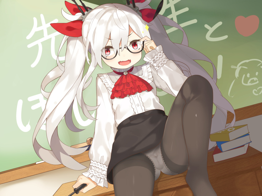 :d adjusting_eyewear arm_up azur_lane bangs black-framed_eyewear black_skirt blush book_stack brown_legwear chalkboard commentary_request desk eyebrows_visible_through_hair fangs frilled_shirt_collar frills glasses hair_between_eyes hair_ribbon heart highres long_hair long_sleeves looking_at_viewer no_shoes on_desk open_mouth panties panties_under_pantyhose pantyhose red_eyes red_ribbon ribbon semi-rimless_eyewear shirt shishamo_(maraosan3) silver_hair sitting sitting_on_desk skirt sleeves_past_wrists smile solo sparkle teacher thighband_pantyhose translation_request twintails under-rim_eyewear underwear vampire_(azur_lane) very_long_hair white_panties white_shirt