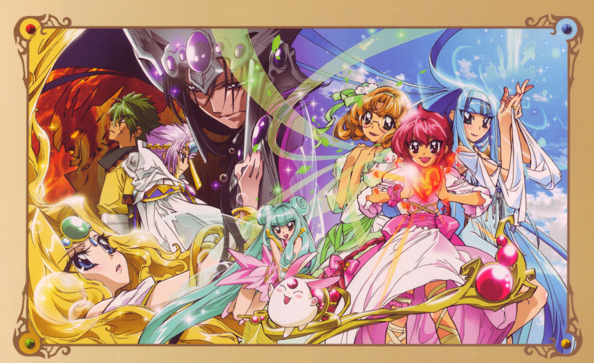 5girls 90s absurdres aqua_hair blonde_hair blue_dress blue_eyes blue_hair border clamp creature double_bun dress fairy_wings fire green_dress green_eyes green_hair highres hououji_fuu ishida_atsuko long_hair looking_at_another looking_at_viewer looking_up magic magic_knight_rayearth multiple_boys multiple_girls official_art open_mouth orange_hair parted_lips pink_dress profile red_eyes red_hair ryuuzaki_umi scan shidou_hikaru short_hair sky sleeves_past_wrists smile sparkle tiara very_long_hair water wind wings