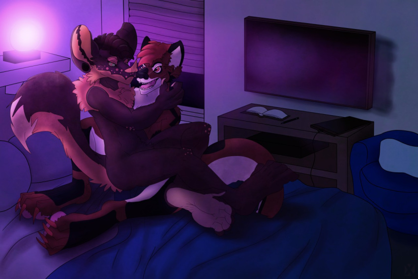 4_toes 5_toes bat bed bedroom canine claws cuddling duo hug male male/male mammal night on_bed open_mouth prehensile_feet romantic smile stoven_(xdarkspace) toes wolf xdarkspace