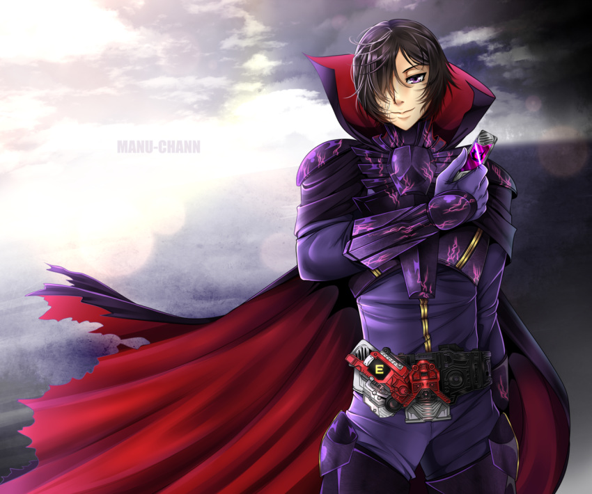 armor armored_dress artist_name belt black_hair cape code_geass code_geass_hangyaku_no_lelouch_r2 commentary commission corruption cosplay_request crossover english_commentary fabulous gloves gold_trim hair_over_one_eye kamen_rider kamen_rider_w lelouch_lamperouge looking_at_viewer male_focus manu-chann purple_eyes standing