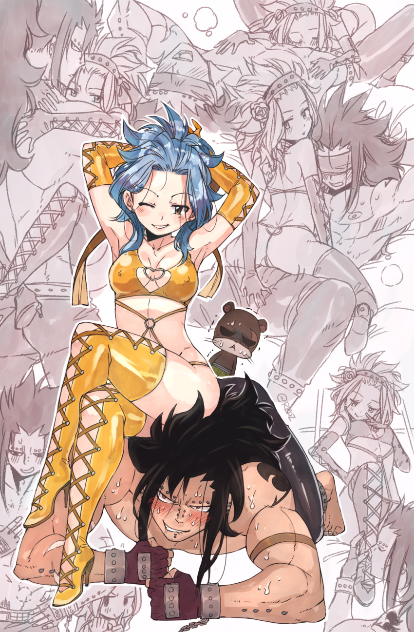 1boy 1girl arms_up ass bdsm black_hair blindfold blue_hair blush boots breasts brown_eyes cleavage elbow_gloves erect_nipples fairy_tail femdom fishnets foot_worship gajeel_redfox gloves high_heel_boots high_heels legs_crossed levy_mcgarden long_hair looking_at_viewer looking_back looking_down medium_breasts muscle rusky shoes sitting sitting_on_person small_breasts smile spread_legs thigh_boots thighhighs wink