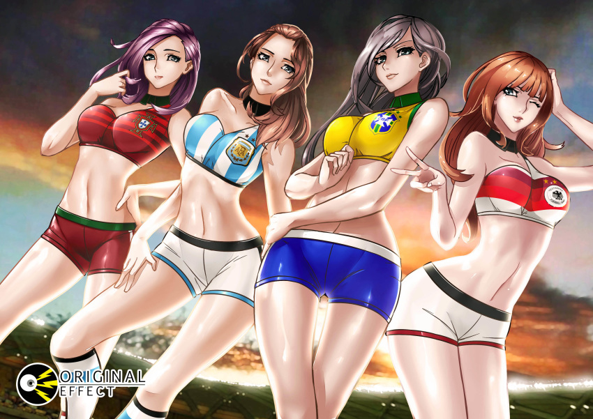 4girls absurdres argentina bangs black_hair blue_eyes blue_shorts brazil breasts brown_hair choker cleavage closed_mouth germany grey_eyes hand_in_hair hand_on_hip hand_on_leg highres logo long_hair looking_at_viewer m_ilk30 medium_hair multicolored multicolored_clothes multiple_girls night one_eye_closed orange_hair original portugal purple_hair red_shorts shorts sky sleeveless smile soccer soccer_field soccer_uniform sportswear stadium standing tank_top v white_legwear white_shorts world_cup