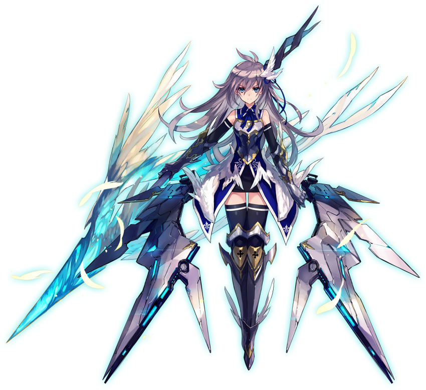 antenna_hair armored_boots bare_shoulders black_gloves black_legwear black_skirt blue_eyes blue_jacket blue_ribbon boots breastplate collared_jacket daakuro dolls_order elbow_gloves eyebrows_visible_through_hair feathers floating full_body gauntlets gloves hair_between_eyes hair_ribbon highres holding holding_spear holding_weapon jacket knee_boots lancelot_(dolls_order) light_brown_hair long_hair looking_at_viewer mecha_musume mechanical_wings miniskirt neck_ribbon official_art one_side polearm ribbon single_stripe skirt sleeveless_jacket solo spear thighhighs transparent_background weapon white_feathers winged_boots winged_hair_ornament wings zettai_ryouiki
