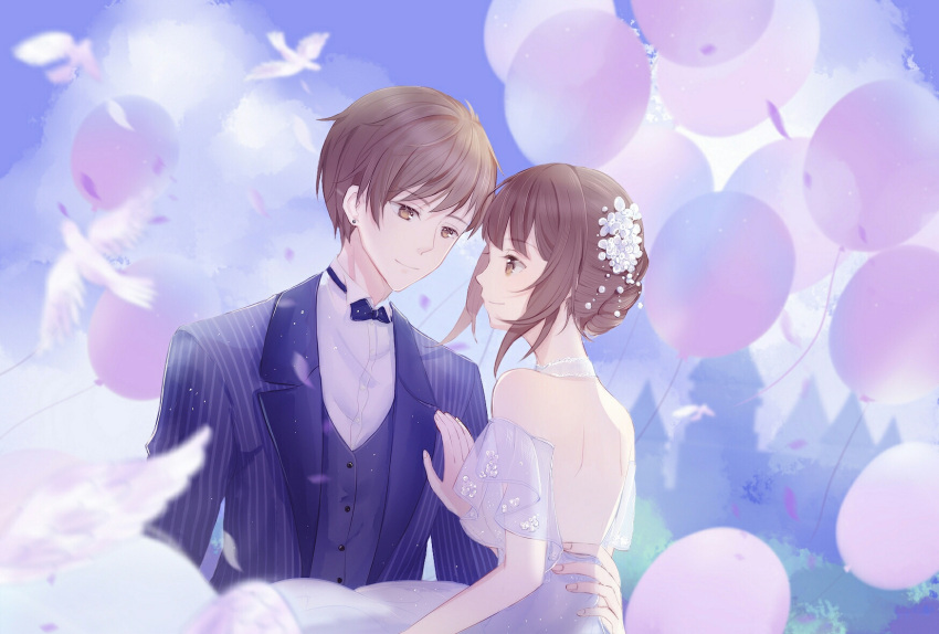 1boy 1girl backless_dress backless_outfit balloon bare_arms bare_back bare_shoulders bird black_bow black_bowtie black_jacket black_suit black_vest blazer blue_sky bow bowtie bride brown_eyes brown_hair buttons carrying closed_mouth cloud collared_shirt commentary_request confetti couple day detached_sleeves dove dress earrings eye_contact fingernails floral_print flower groom hair_bun hair_flower hair_ornament hand_on_another's_back hand_on_another's_chest happy hetero highres husband_and_wife jacket jewelry lapels long_dress long_sleeves looking_at_another love_and_producer miqing notched_lapels open_clothes open_jacket outdoors pine_tree pinstripe_jacket pinstripe_pattern pointy_nose portrait princess_carry print_sleeves protagonist_(love_and_producer) rose_print shirt short_hair short_hair_with_long_locks shoulder_blades sidelocks single_hair_bun sky smile strapless strapless_dress stud_earrings suit traditional_bowtie tree tuxedo vest wedding_dress white_dress white_flower white_shirt white_sleeves xu_mo