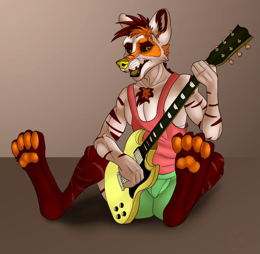 4_toes anthro canine clothed clothing fur guitar hair looking_at_viewer male mammal muscular musical_instrument open_mouth pawpads shirt simple_background sitting smile stripes tank_top toes wolf xdarkspace