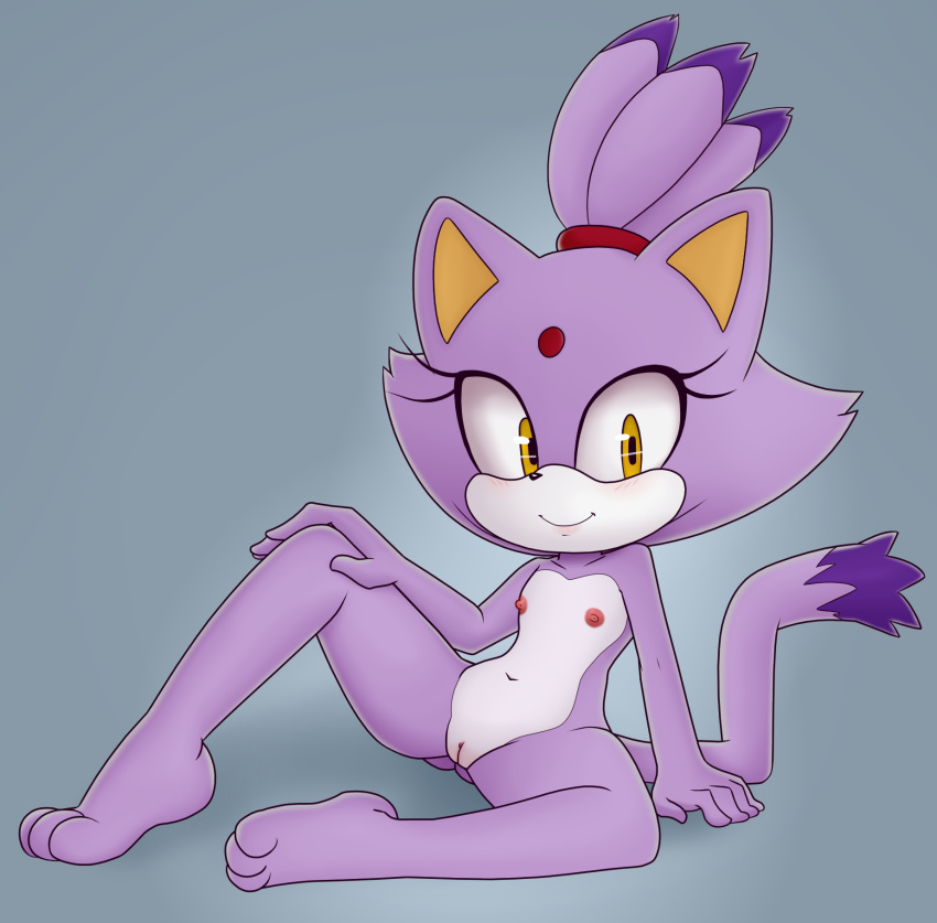 2018 anthro areola blaze_the_cat blush breasts cat colored digital_media_(artwork) feline female flat_chested fur hair hearlesssoul hi_res looking_at_viewer mammal monochrome multicolored_fur navel nipples nude presenting presenting_pussy purple_fur pussy smile solo sonic_(series) spread_legs spreading video_games white_fur yellow_eyes