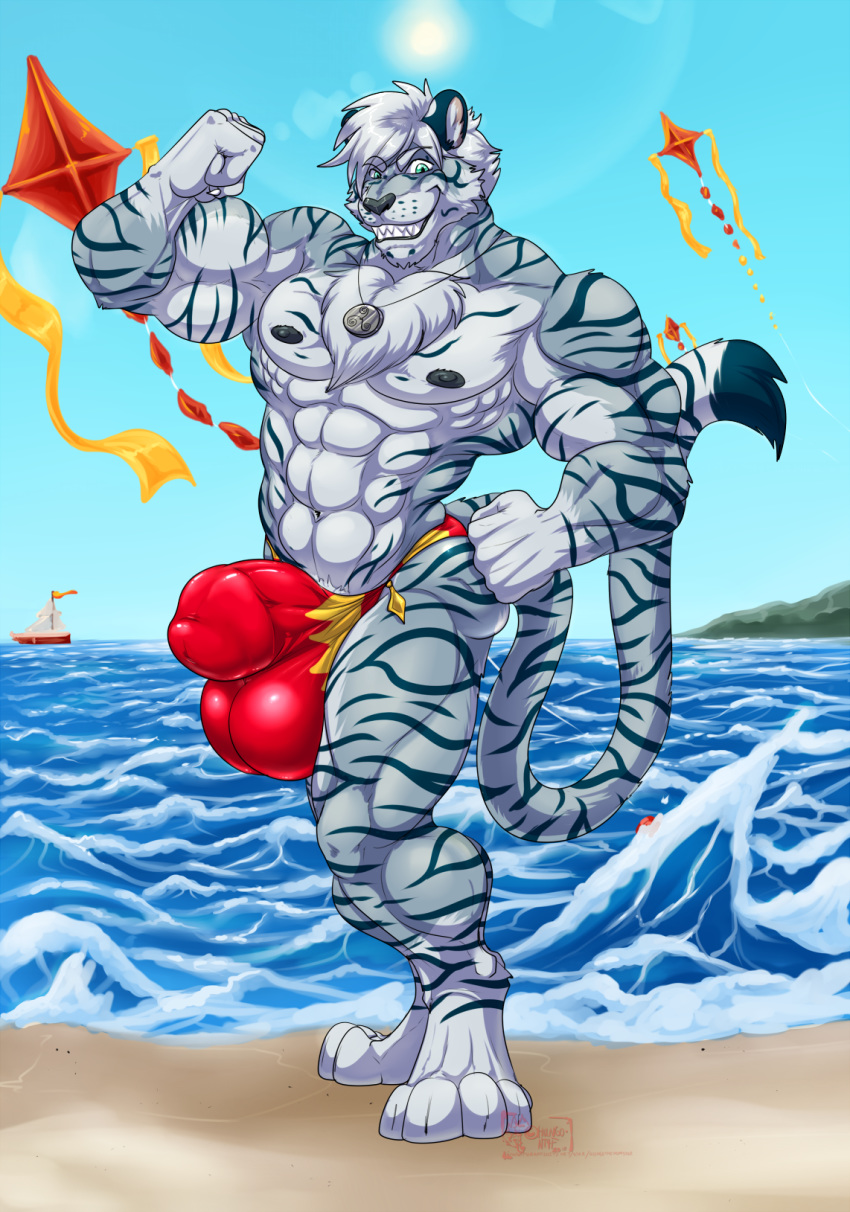 2018 4_toes 5_fingers abs anthro balls barely_contained beach biceps big_balls big_penis black_nose blue_eyes blue_skin body_hair bulge chest_hair clothing day digitigrade feline fist flexing fur gloves_(marking) grey_fur grey_skin grin hair hand_on_hip huge_penis humanoid_penis hungothenomster jewelry male mammal markings multicolored_fur multicolored_skin muscular muscular_male muscular_thighs necklace nipples penis penis_outline penis_shaped_bulge sea seaside sharp_teeth sky smile solo standing stripes swimsuit teeth thick_penis tiger tight_underwear toes two_tone_fur two_tone_skin underwear water white_fur white_hair white_skin white_tiger