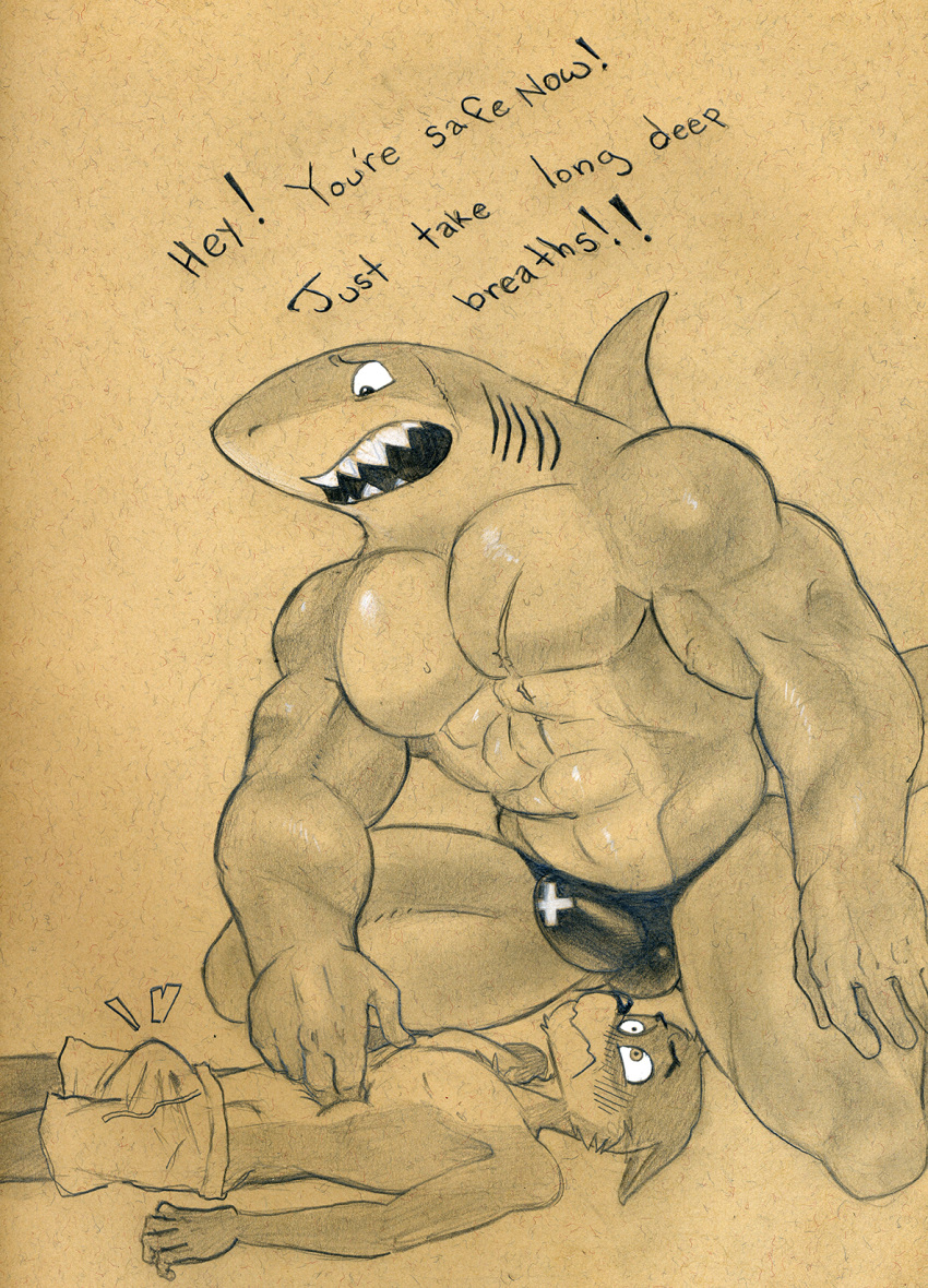 anthro bulge canine clothed clothing duo erection fish fur gills lifeguard male male/male mammal marine muscular muscular_male open_mouth scar shark sharp_teeth simple_background size_difference speedo swimsuit teeth topless tush underwear wolf