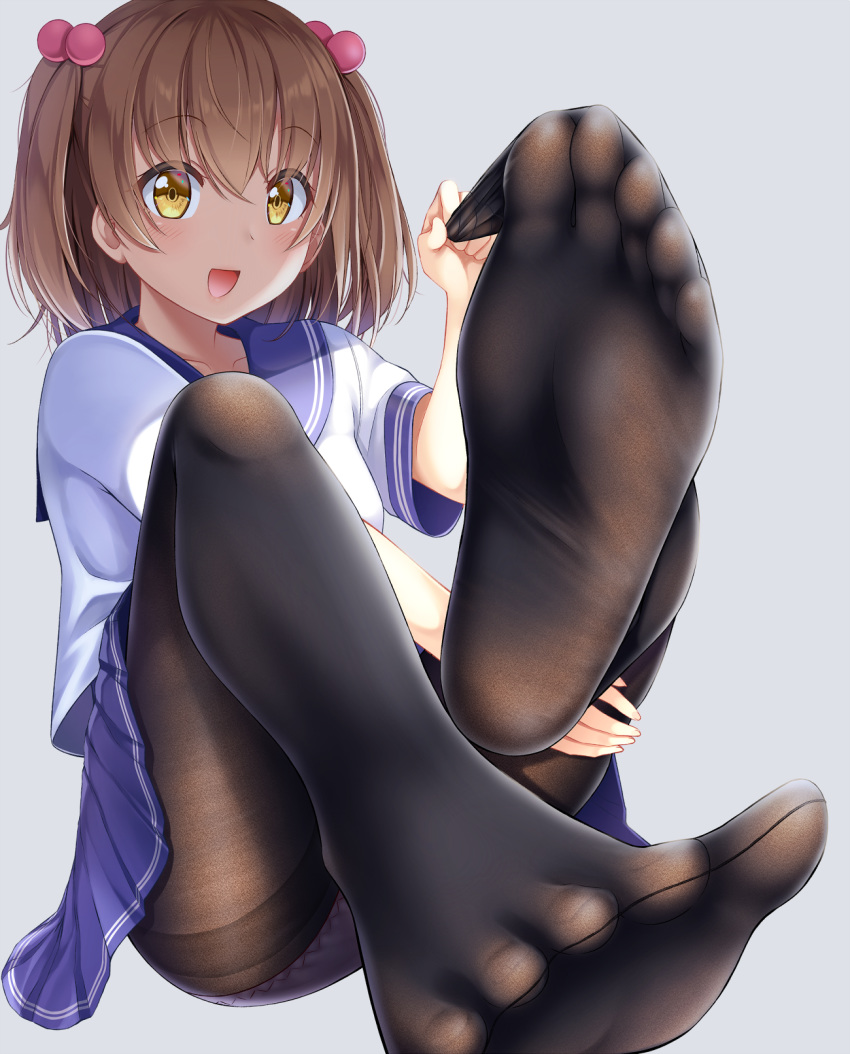 :d arm_up ashida_machi bangs blue_sailor_collar blue_skirt blush brown_eyes brown_hair collarbone commentary_request eyebrows_visible_through_hair feet fine_fabric_emphasis fingernails foreshortening grey_background gurande_(g-size) gusset hair_between_eyes hair_bobbles hair_ornament highres leg_up looking_at_viewer no_shoes open_mouth original panties panties_under_pantyhose pantyhose pink_panties pleated_skirt sailor_collar school_uniform serafuku shirt short_sleeves simple_background sitting skirt smile soles solo thighband_pantyhose toes two_side_up underwear white_shirt