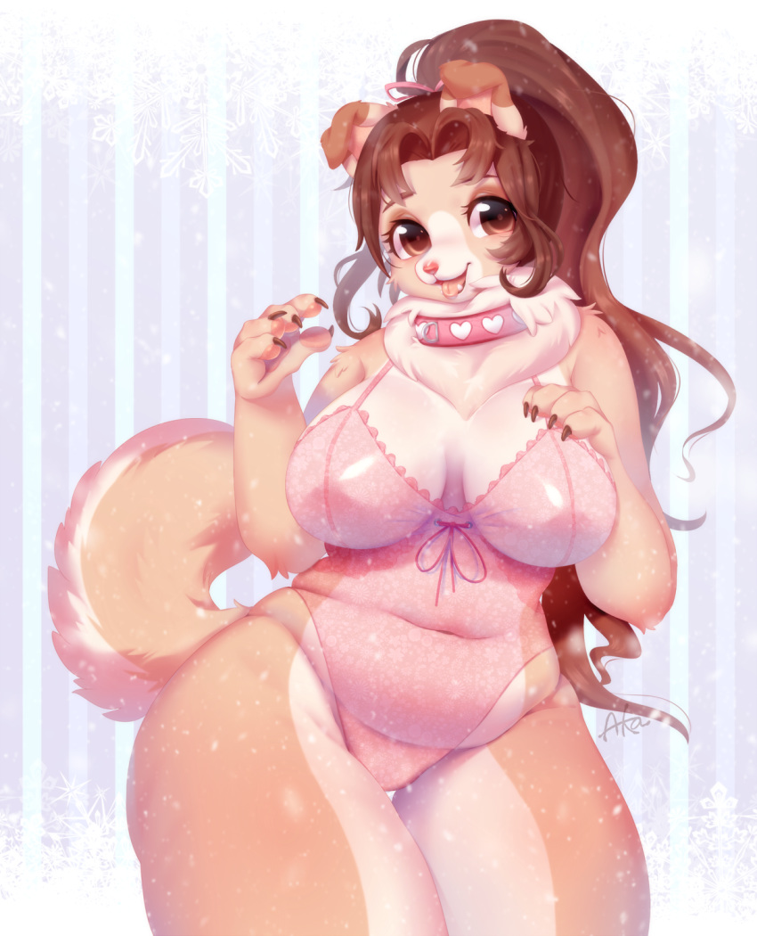 2018 5_fingers anthro belly big_eyes breasts brown_eyes brown_fur brown_hair canine cleavage clothed clothing collar deep_navel digital_media_(artwork) dog female front_view fur hair lingerie long_hair looking_at_viewer mammal missaka navel neck_tuft nipple_bulge open_mouth ponytail slightly_chubby solo standing tan_fur teddy_(clothing) teeth thick_thighs tongue tuft voluptuous wide_hips