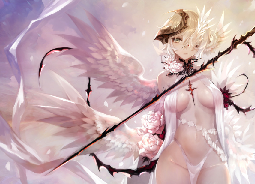 angel apt bangs bare_shoulders blonde_hair breasts closed_mouth comiket_94 commentary_request cowboy_shot cross_scar feathered_wings flower grey_eyes groin hair_over_one_eye halterneck head_wings highres horn loincloth medium_breasts multiple_wings navel original pelvic_curtain petals revealing_clothes rose rose_petals short_hair sky solo white_flower white_rose white_wings wings