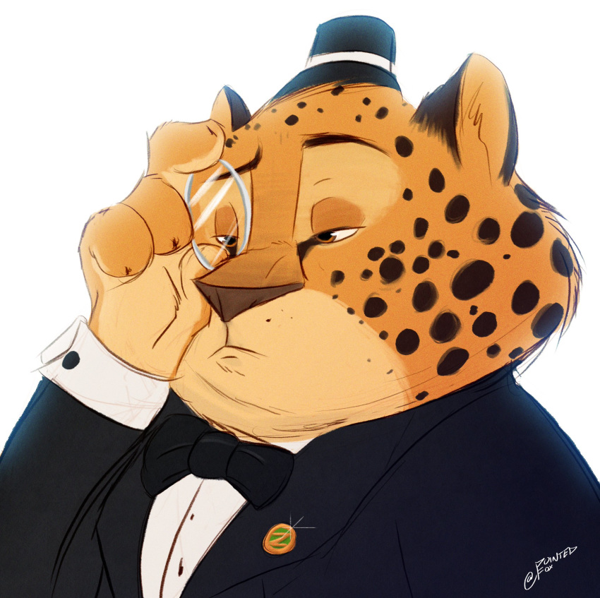 2017 4_fingers anthro benjamin_clawhauser bow_tie brown_eyes bust_portrait cheetah clothed clothing disney eyewear feline fur grainy hat hi_res lapel_pin male mammal monocle pointedfox portrait signature simple_background solo spots spotted_fur suit white_background zootopia