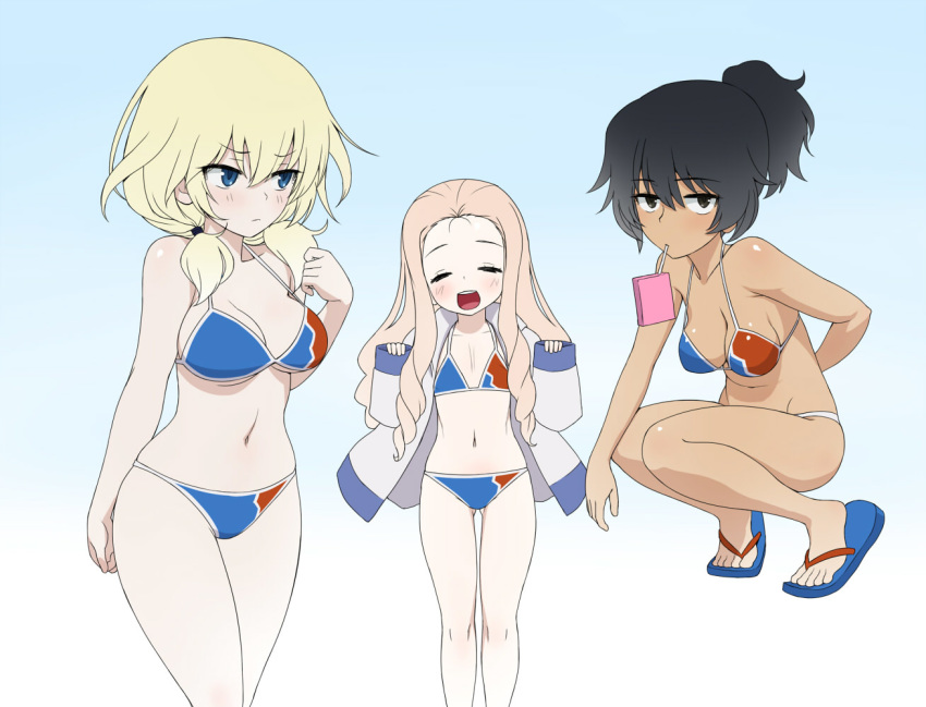 :d andou_(girls_und_panzer) arched_soles bikini black_hair blonde_hair blue_background blush breasts brown_eyes closed_eyes closed_mouth collarbone commentary_request forehead girls_und_panzer gradient gradient_background groin hair_strand large_breasts marie_(girls_und_panzer) multiple_girls navel open_mouth oshida_(girls_und_panzer) shoe_dangle small_breasts smile swimsuit swimwear wata_do_chinkuru white_background |d