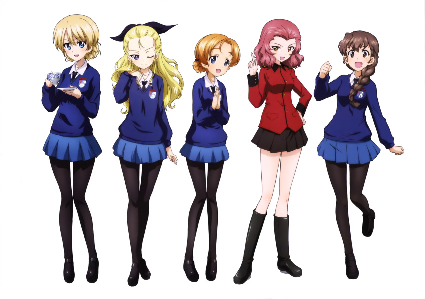 :d absurdres assam bag black_bow black_footwear black_legwear black_neckwear black_skirt blonde_hair blue_eyes blue_skirt blue_sweater boots bow braid brown_eyes brown_hair collarbone cup darjeeling eyebrows_visible_through_hair full_body girls_und_panzer hair_bow hair_over_shoulder hand_in_hair hand_on_hip hands_together highres holding holding_cup index_finger_raised jacket knee_boots leg_up legs loafers long_hair long_legs looking_at_viewer military_jacket miniskirt multiple_girls necktie odd_one_out official_art open_mouth orange_hair orange_pekoe pantyhose pleated_skirt purple_eyes red_hair red_jacket rosehip rukuriri saucer school_uniform shiny shiny_hair shirt shoes short_hair simple_background single_braid skirt smile st._gloriana's_military_uniform st._gloriana's_school_uniform standing standing_on_one_leg sweater teacup thighs tied_hair white_background white_shirt yoshida_nobuyoshi