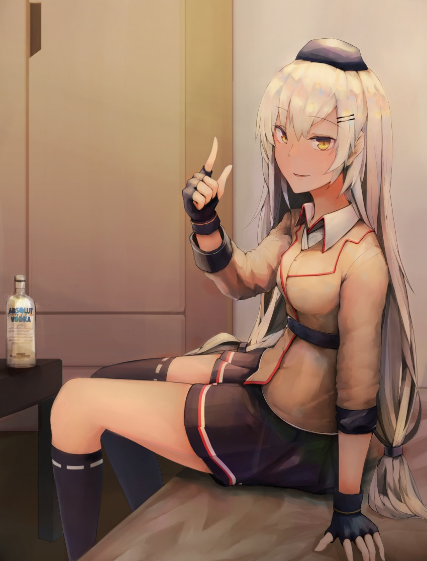alcohol arm_support asymmetrical_legwear black_gloves black_legwear black_skirt blazer blush bottle breasts collared_shirt commentary_request eyebrows_visible_through_hair fingerless_gloves full_body girls_frontline gloves hair_ornament hairclip hat highres index_finger_raised indoors jacket kneehighs long_hair looking_at_viewer low-tied_long_hair open_mouth pleated_skirt r_dancer shirt silver_hair single_kneehigh single_thighhigh sitting skirt smile solo svd_(girls_frontline) thighhighs thighs twintails very_long_hair vodka white_shirt