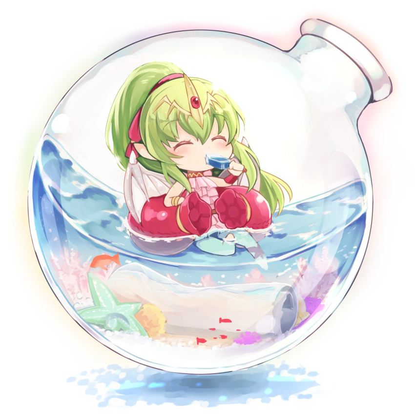 bottle chiki closed_eyes commentary_request dragon_wings fire_emblem fire_emblem:_monshou_no_nazo fire_emblem_heroes fish food glass_bottle green_hair hair_ribbon highres holding in_bottle in_container long_hair mamkute nakabayashi_zun pink_swimsuit pointy_ears ponytail popsicle red_ribbon ribbon solo swimsuit tiara water wings